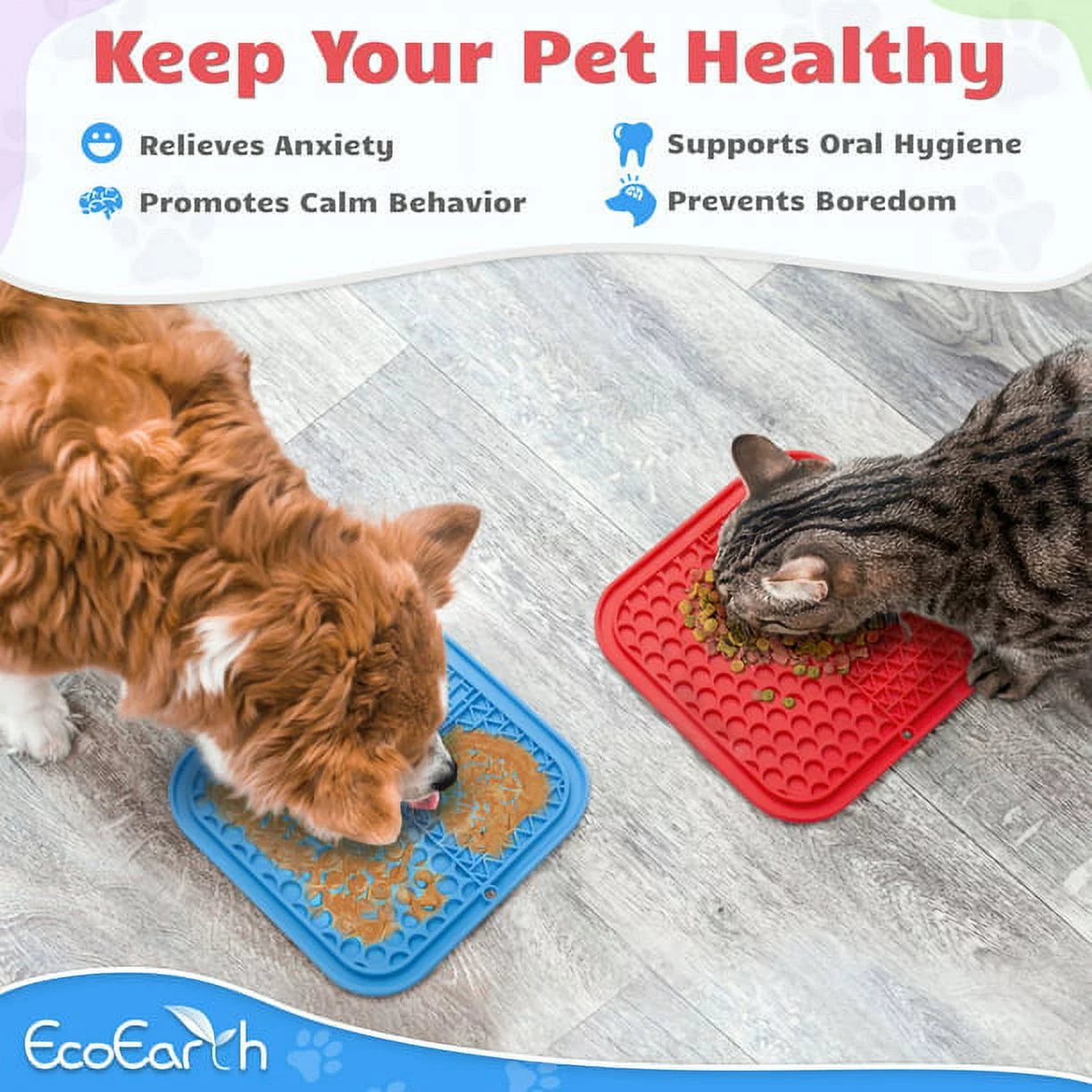 Set of 2 Lick Mats for Cat & Dog (Blue & Red), Slow-Feeder Pads W/ Suction Cups Pet Treat Feeding Mat by