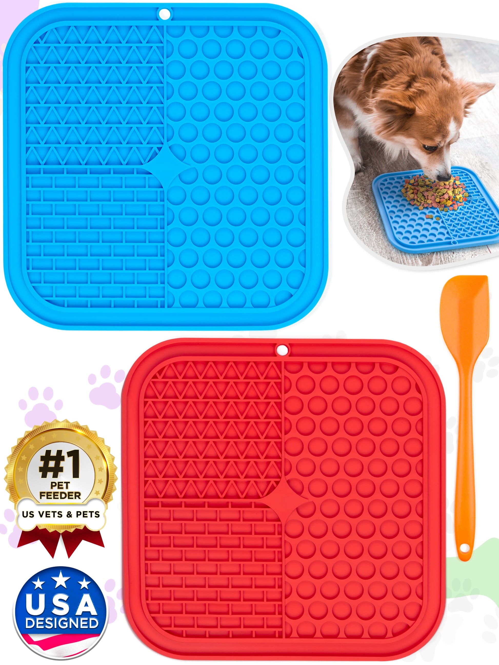 Set of 2 Lick Mats for Cat & Dog (Blue & Red), Slow-Feeder Pads W/ Suction Cups Pet Treat Feeding Mat by
