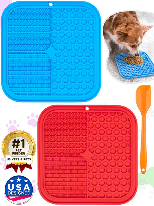Set of 2 Lick Mats for Cat & Dog (Blue & Red), Slow-Feeder Pads W/ Suction Cups Pet Treat Feeding Mat by
